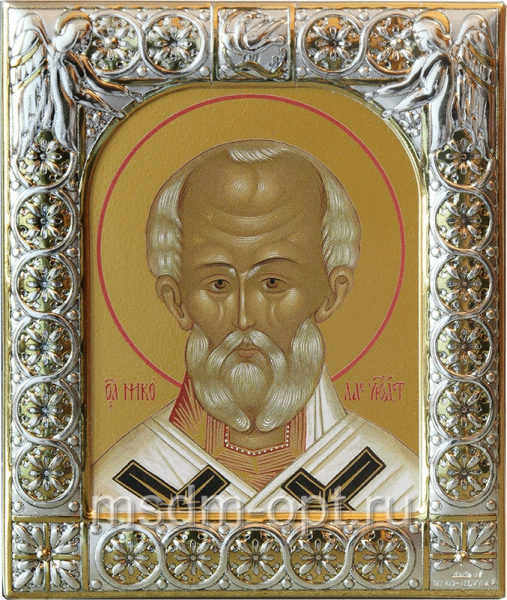 Николай чудотворец, архиепископ Мир Ликийских, святитель, икона  в посеребренной рамке, золочение,  88 х 104 мм (арт.00702-15)