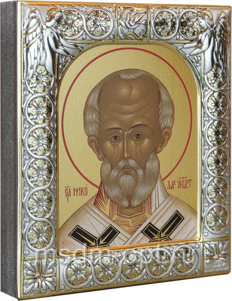 Николай чудотворец, архиепископ Мир Ликийских, святитель, икона  в посеребренной рамке, золочение,  88 х 104 мм (арт.00702-15)