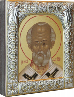 Николай чудотворец, архиепископ Мир Ликийских, святитель, икона  в посеребренной рамке, золочение,  88 х 104 мм (арт.00702-15)